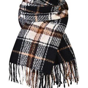 Beonon Women's Winter Scarf Scottish Checked Cashmere Feel Black Coffee New